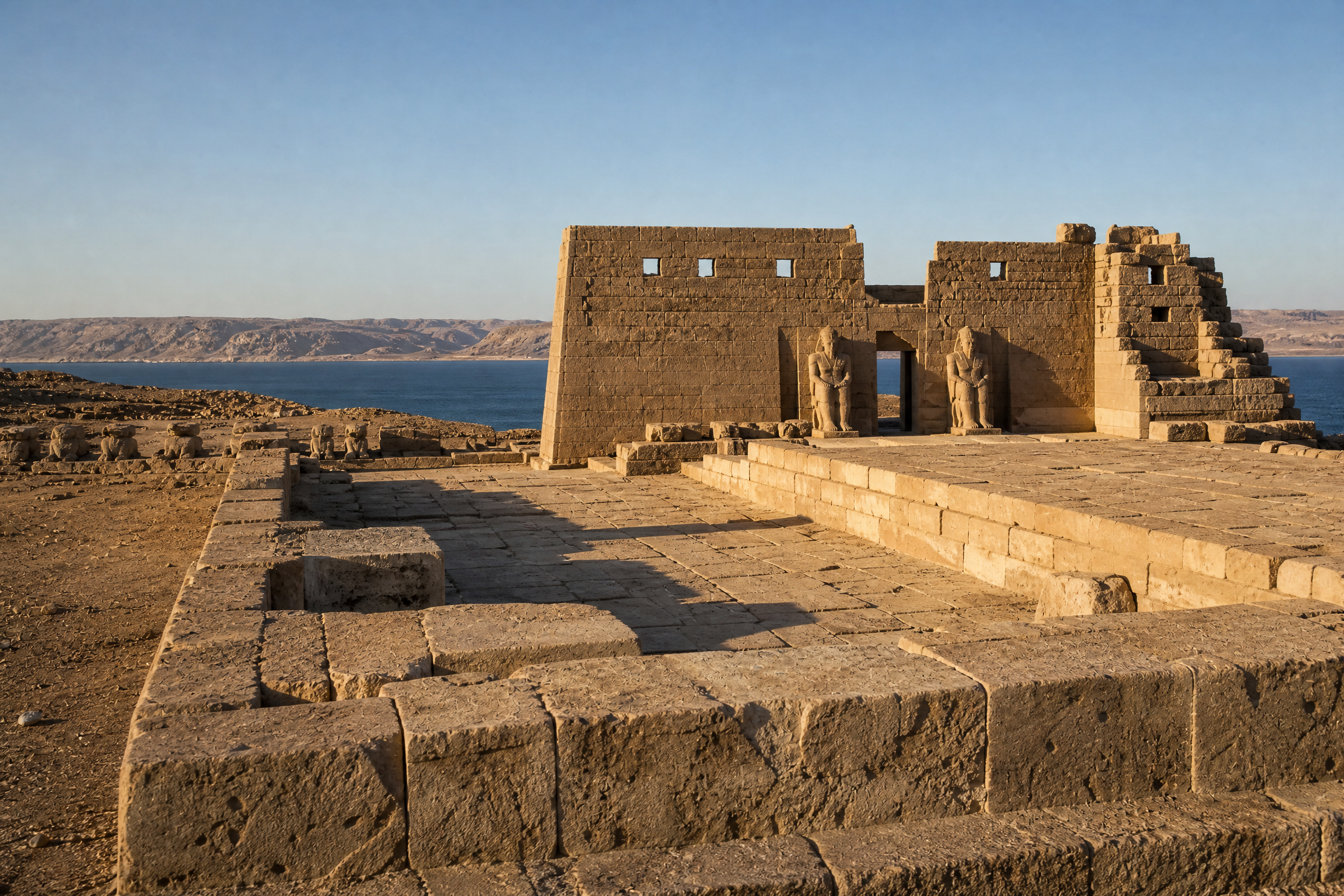 Numbered sandstone blocks reassembled on a terrace above the shore of Lake Nasser