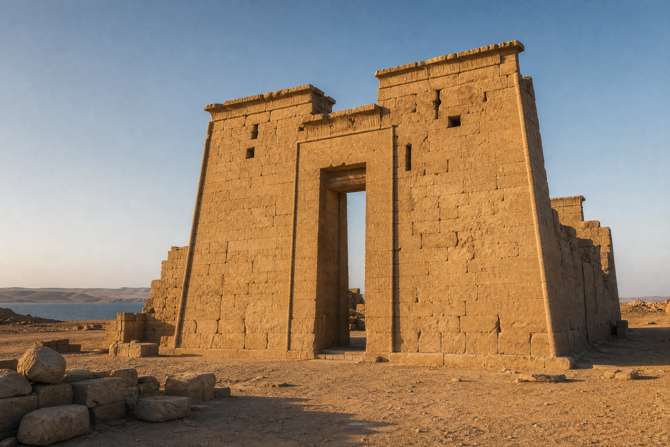 The tall sandstone pylon of the Temple of Dakka beside Lake Nasser