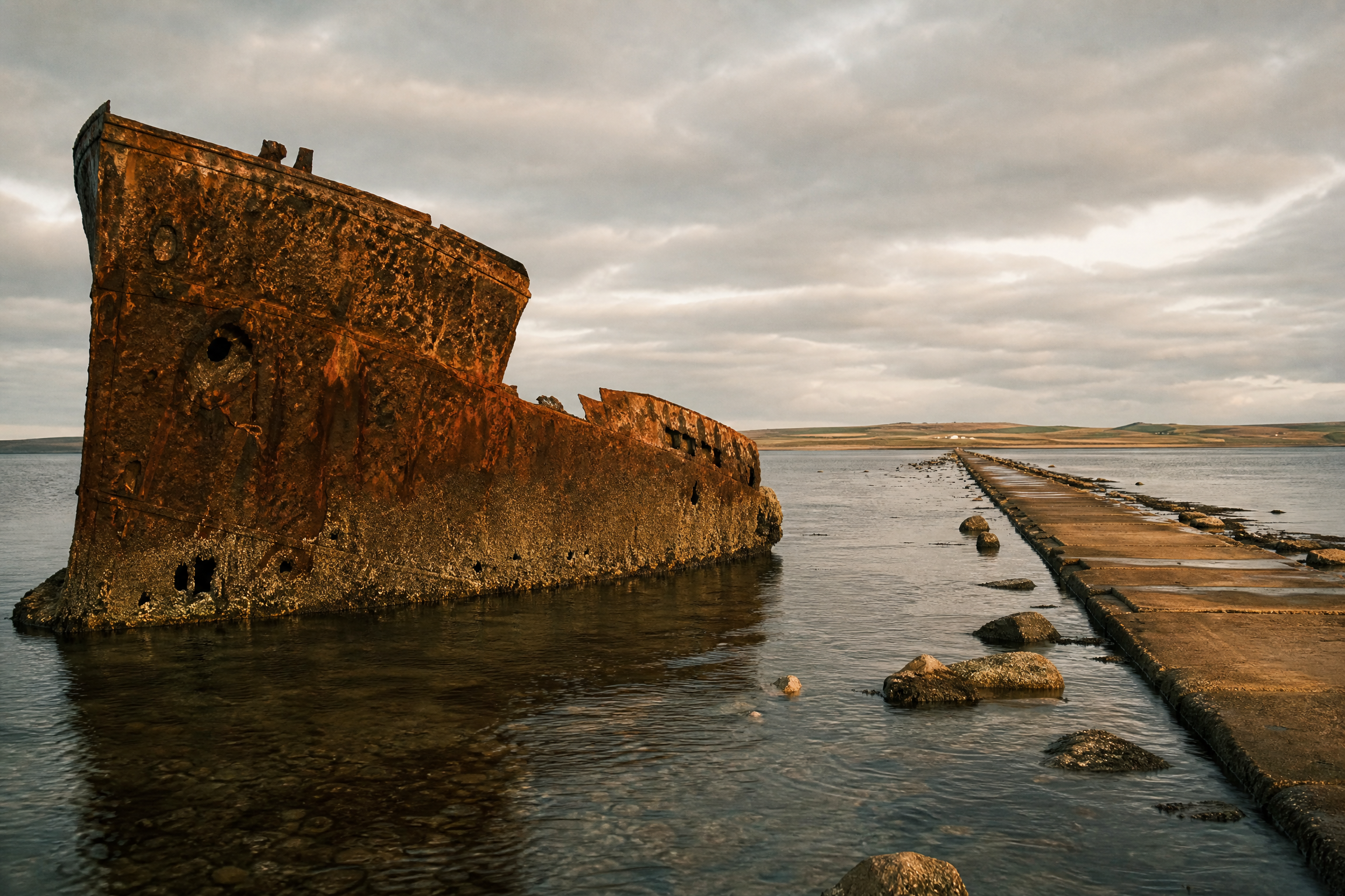 Close-up of a rusted wartime blockship wreck beside a Churchill Barrier causeway in Orkney, under an overcast sky