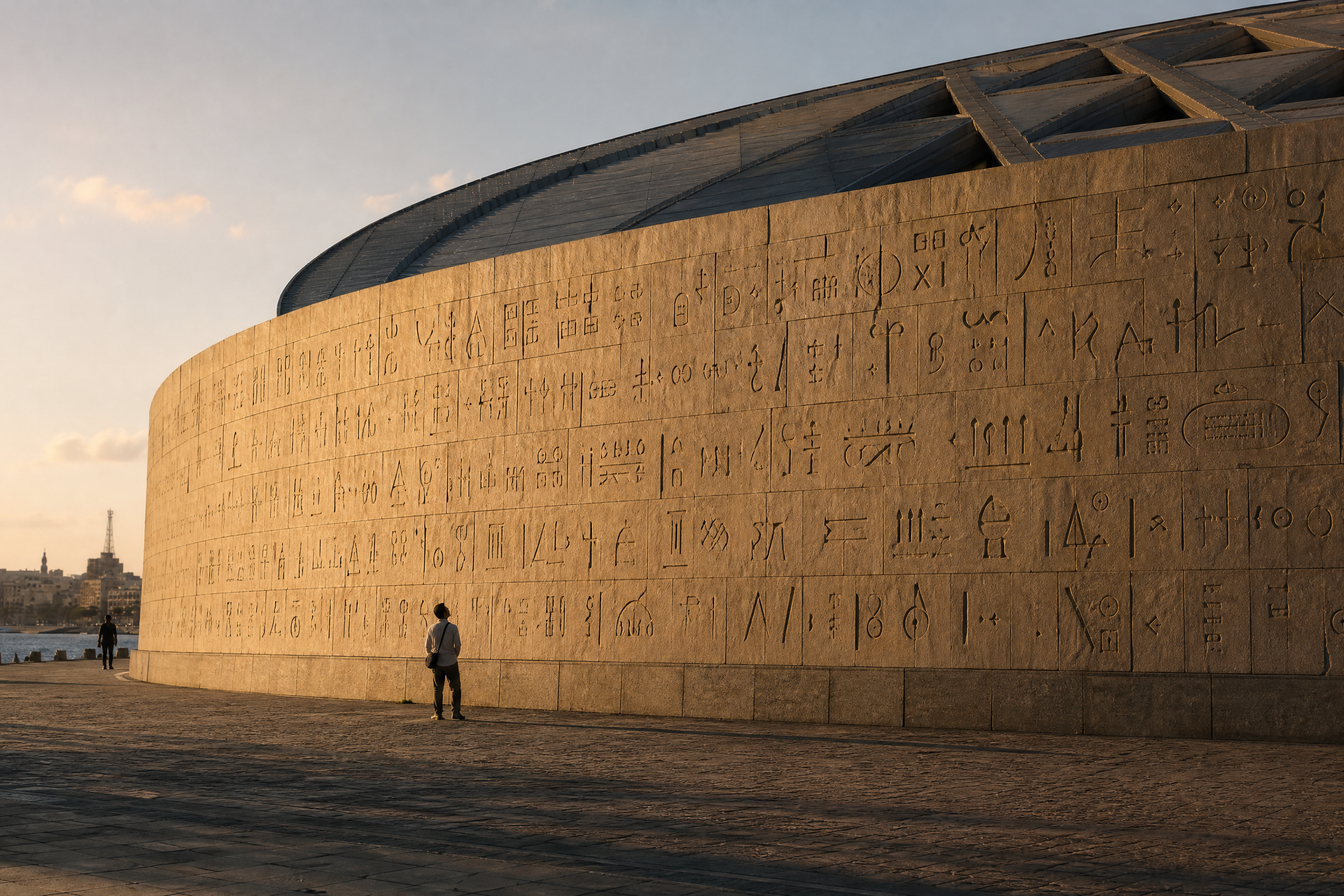 Exterior granite wall of the Bibliotheca Alexandrina carved with characters from world scripts