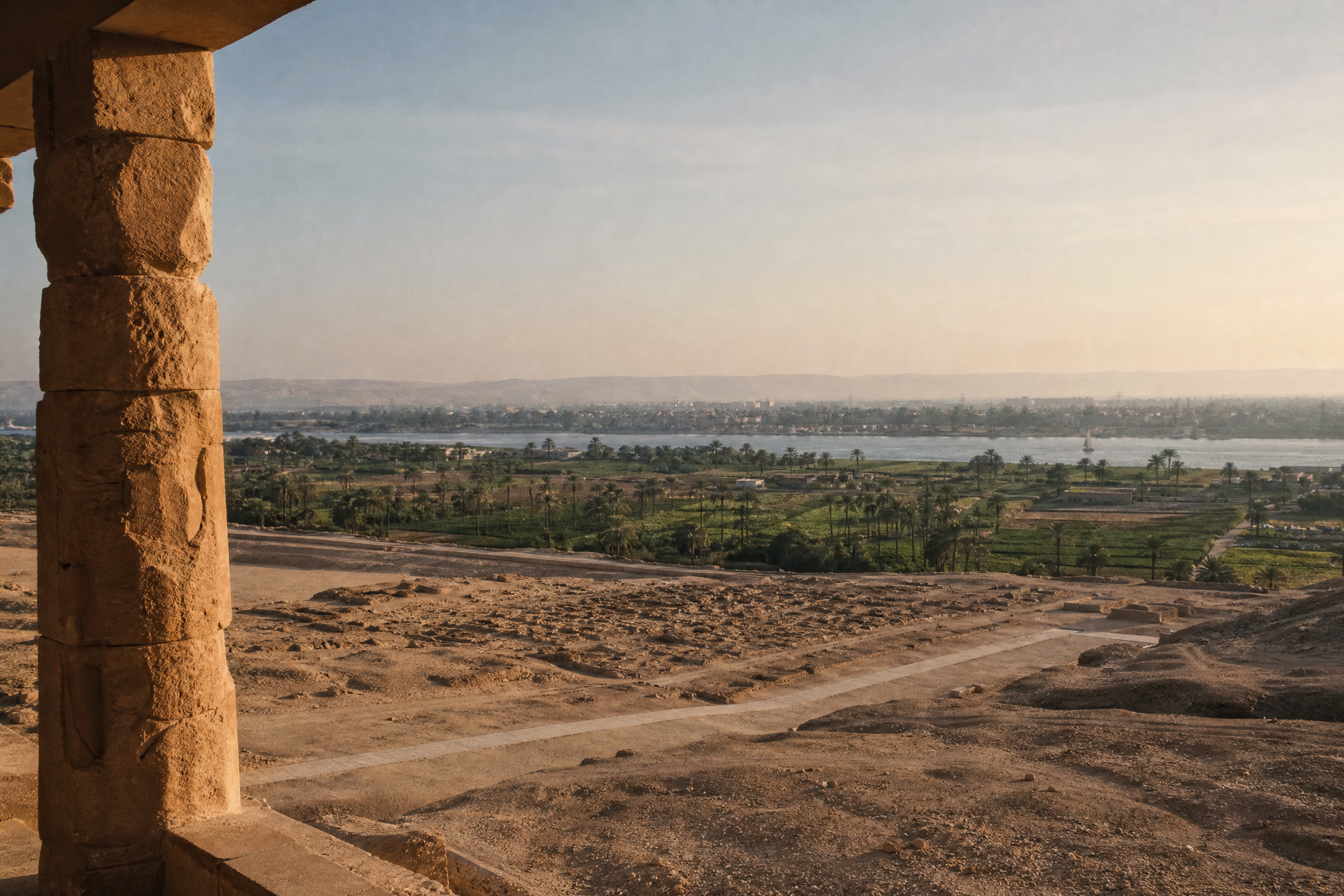 View from the upper terrace of the Temple of Hatshepsut looking out across the Nile valley