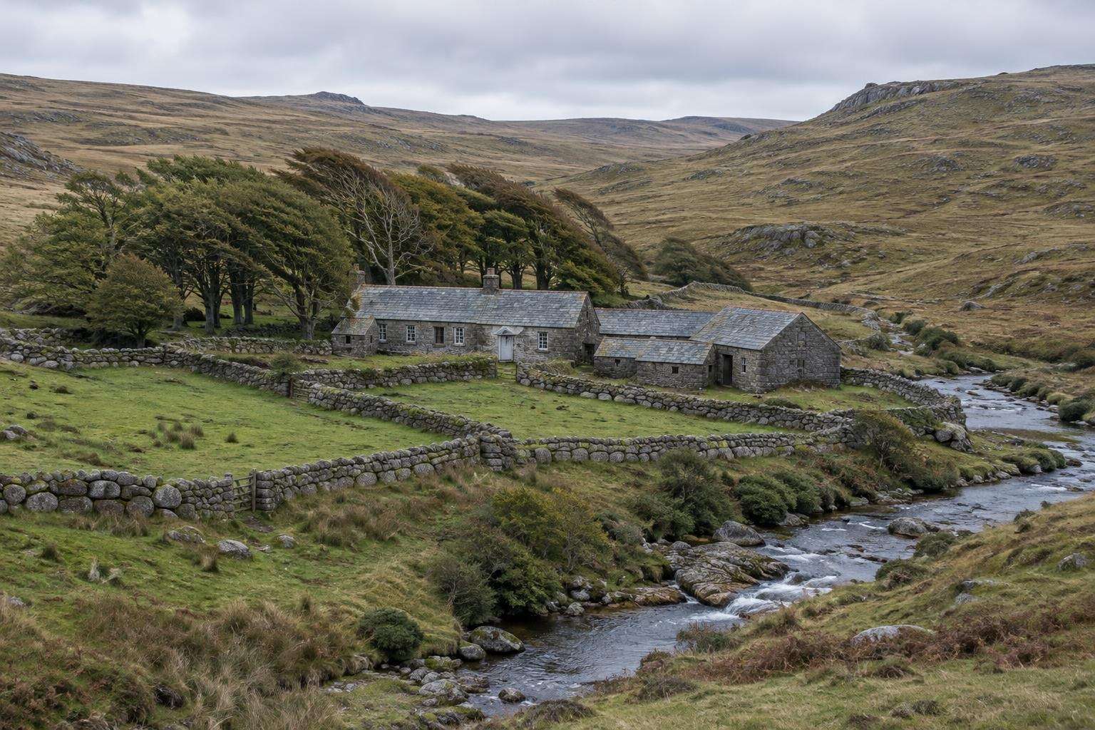 A granite farmstead with walled fields in a sheltered valley in the heart of Dartmoor, Devon.
