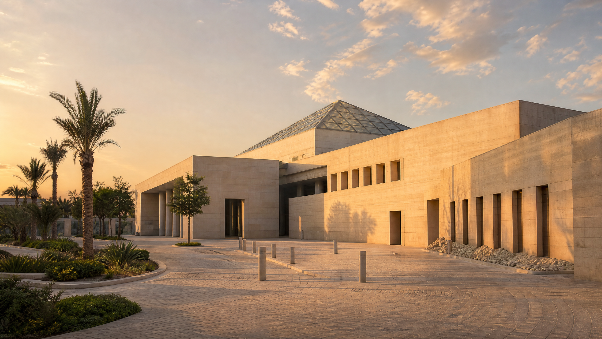 Golden-hour exterior view of the National Museum of Egyptian Civilization in Fustat, Cairo