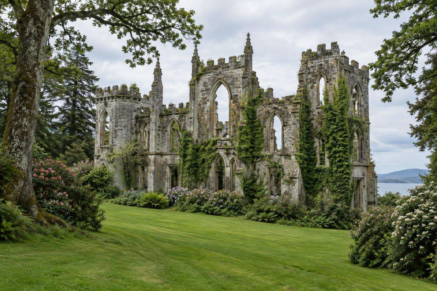 The ruined Armadale Castle in its gardens on the Sleat peninsula, Isle of Skye