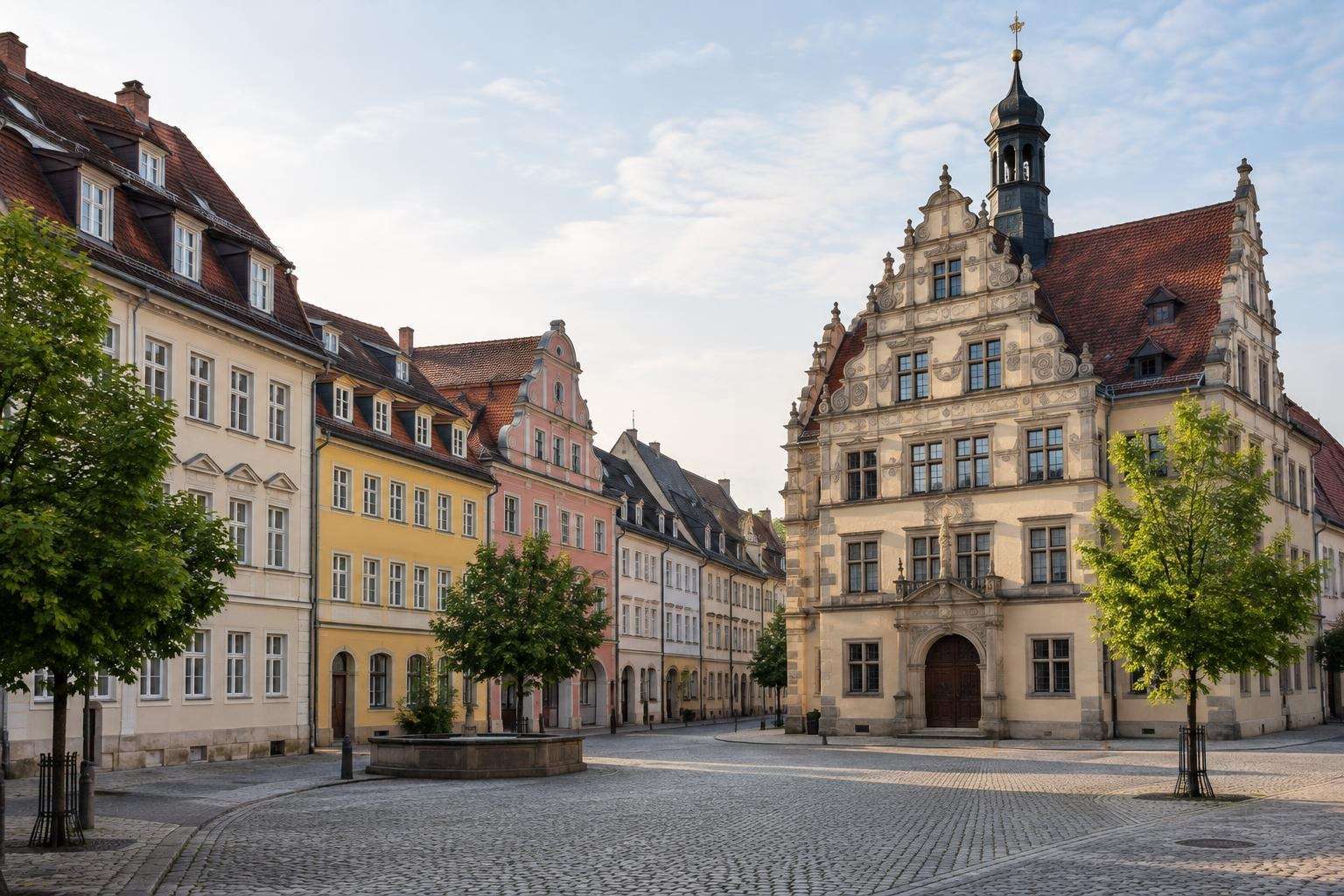 A small historic market square in Arnstadt, Thuringia, with Renaissance and Baroque townhouses and cobbled paving in morning light