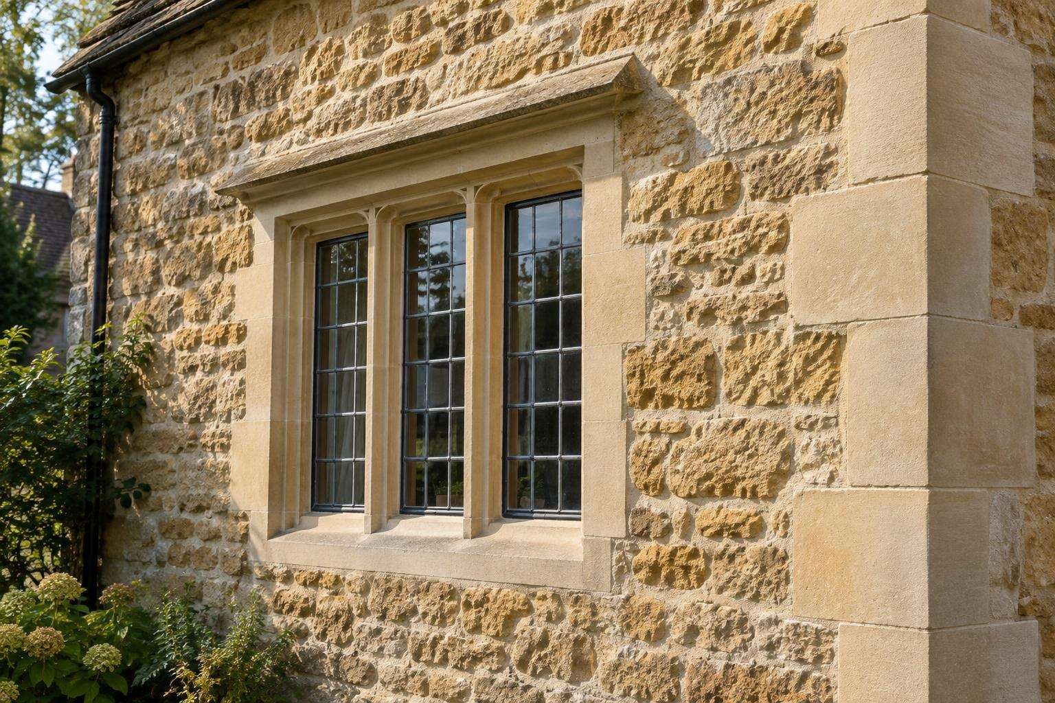 Coursed limestone rubble walling around a stone-mullioned window with a hood mould on a Cotswold house.