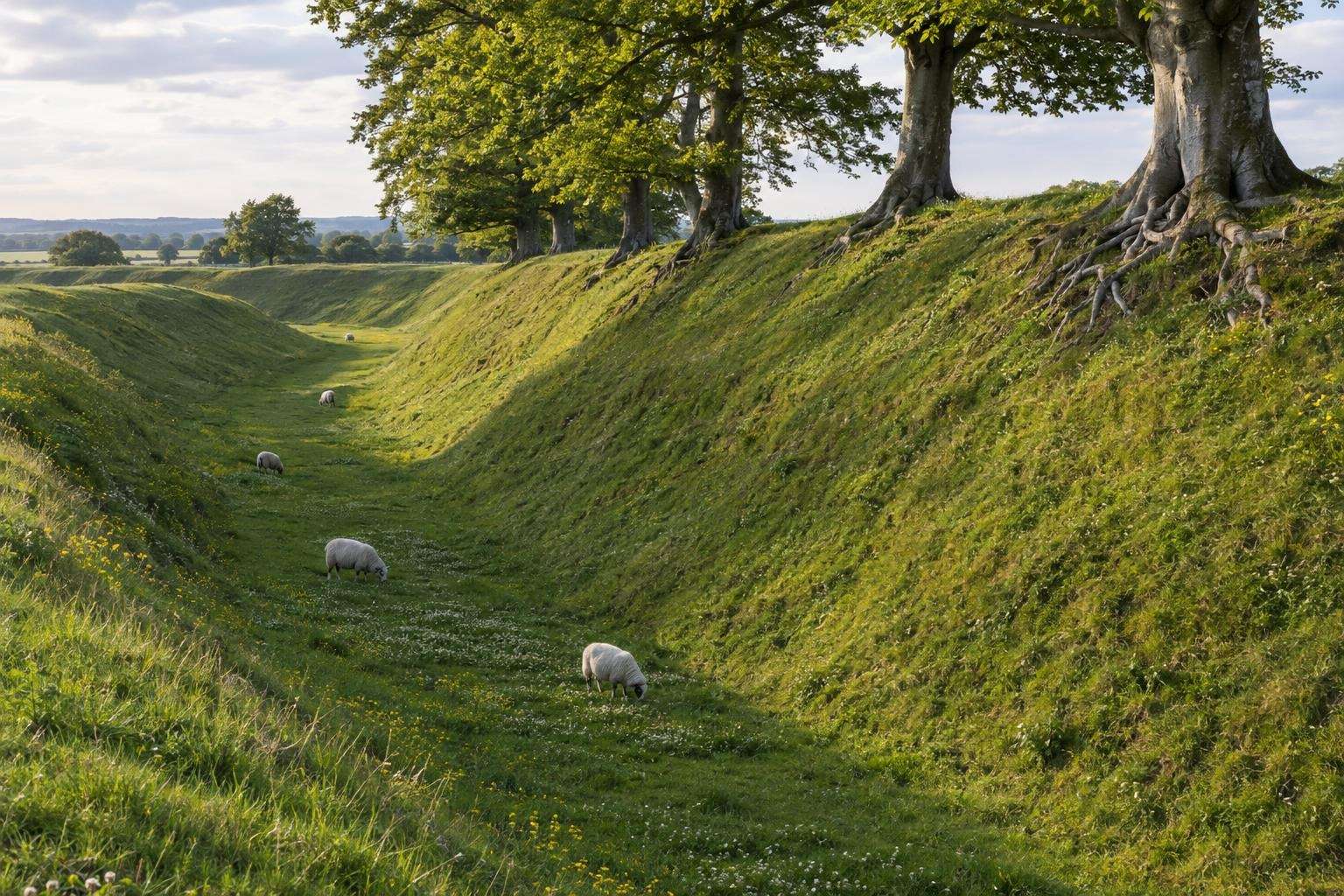 The deep grassy ditch and high chalk bank of the Avebury henge in Wiltshire, with sheep grazing and beech trees on the bank.