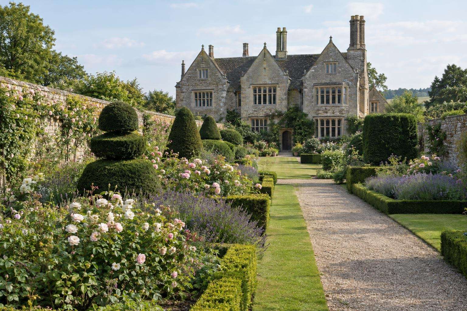 The walled garden and stone front of Avebury Manor in Wiltshire, with yew topiary and herbaceous borders.