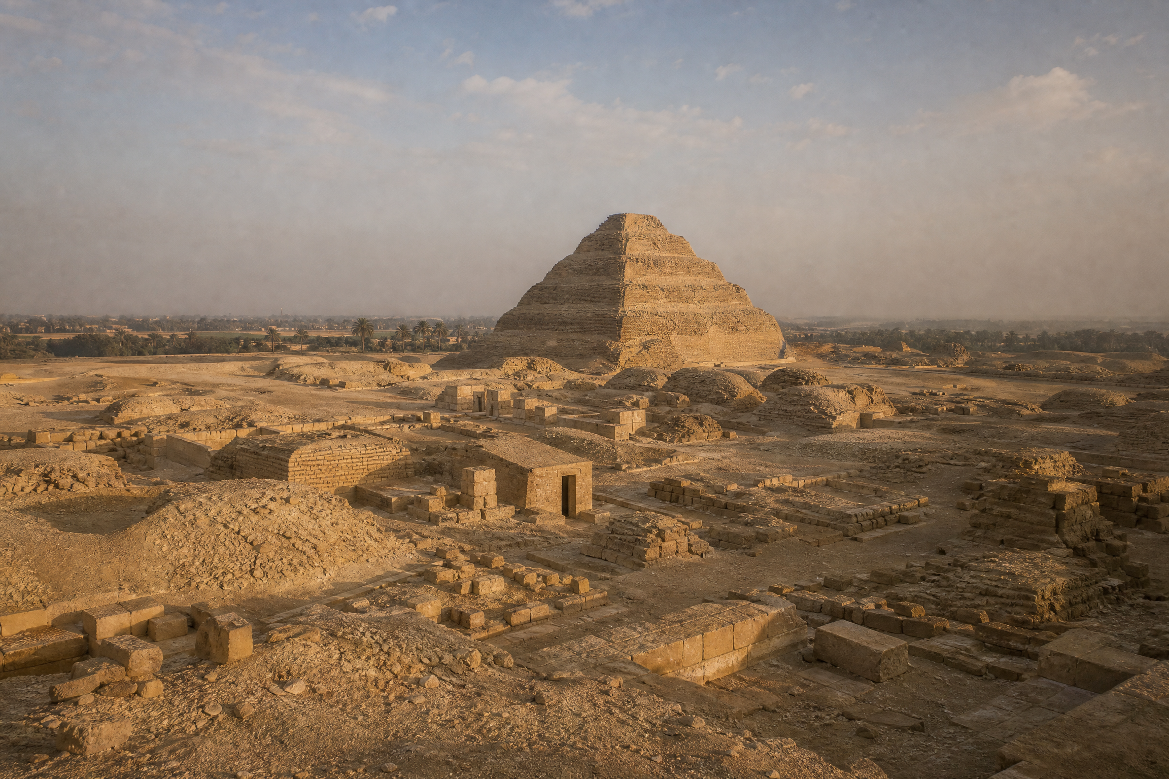 Panorama of the Saqqara plateau with the Step Pyramid of Djoser and the Memphis palm belt in the distance