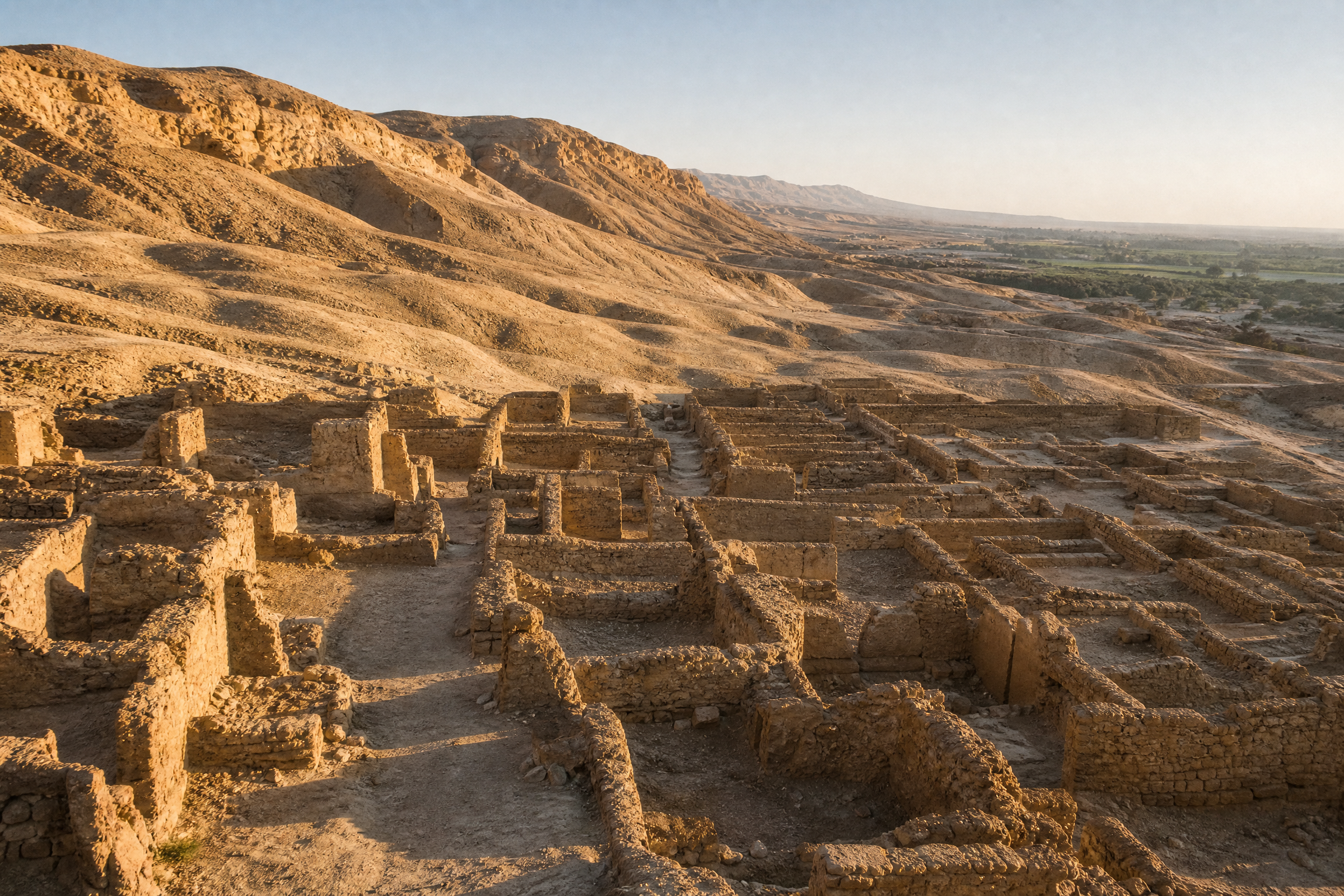 View across the ruins of Deir el-Medina toward the desert hills of the Theban Necropolis, Luxor, Egypt