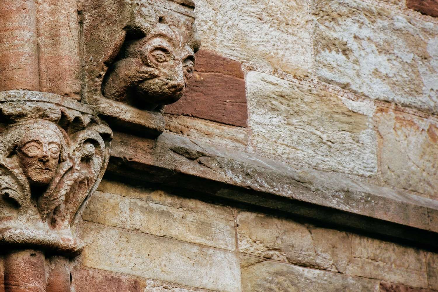 Medieval carved corbel and stone gargoyle detail, St Magnus Cathedral, Kirkwall