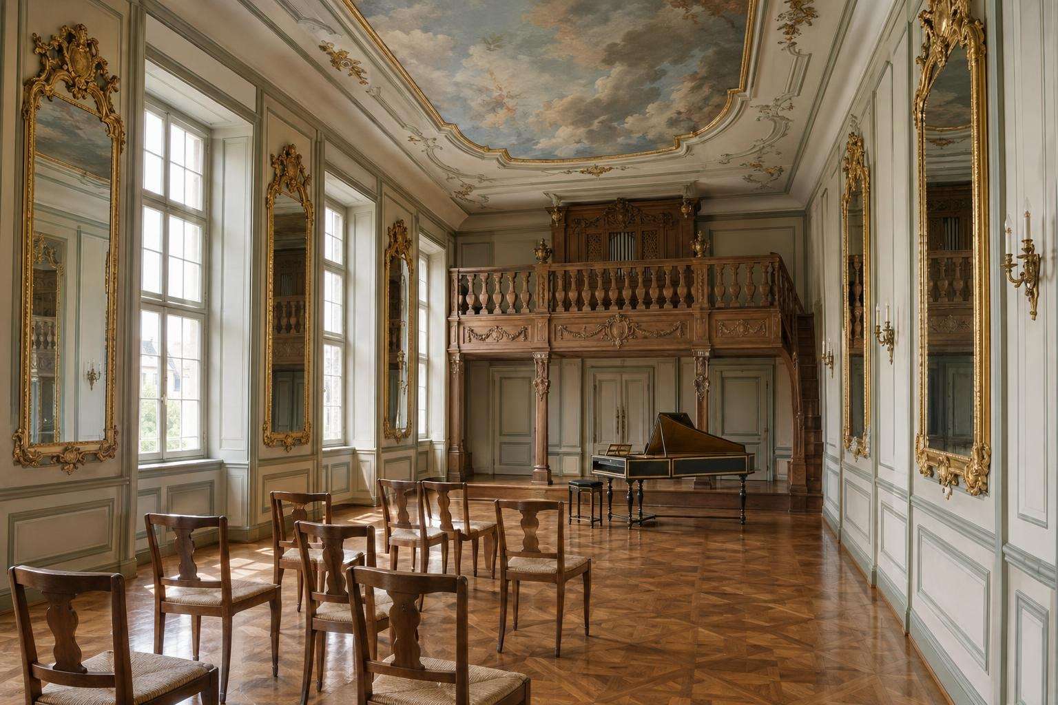 A Baroque banqueting hall with tall wall mirrors, a small musicians' gallery and a painted ceiling in a merchant's house in Leipzig