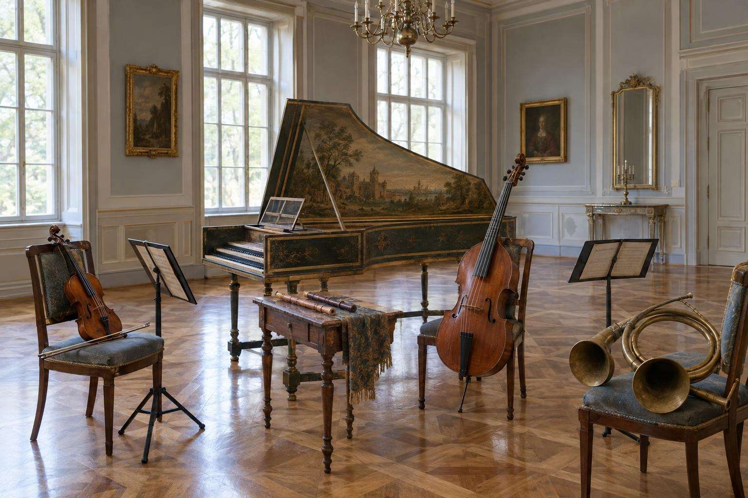 Baroque instruments including a harpsichord, viola da gamba, recorders and natural horns set out in a palace hall in Köthen, Germany