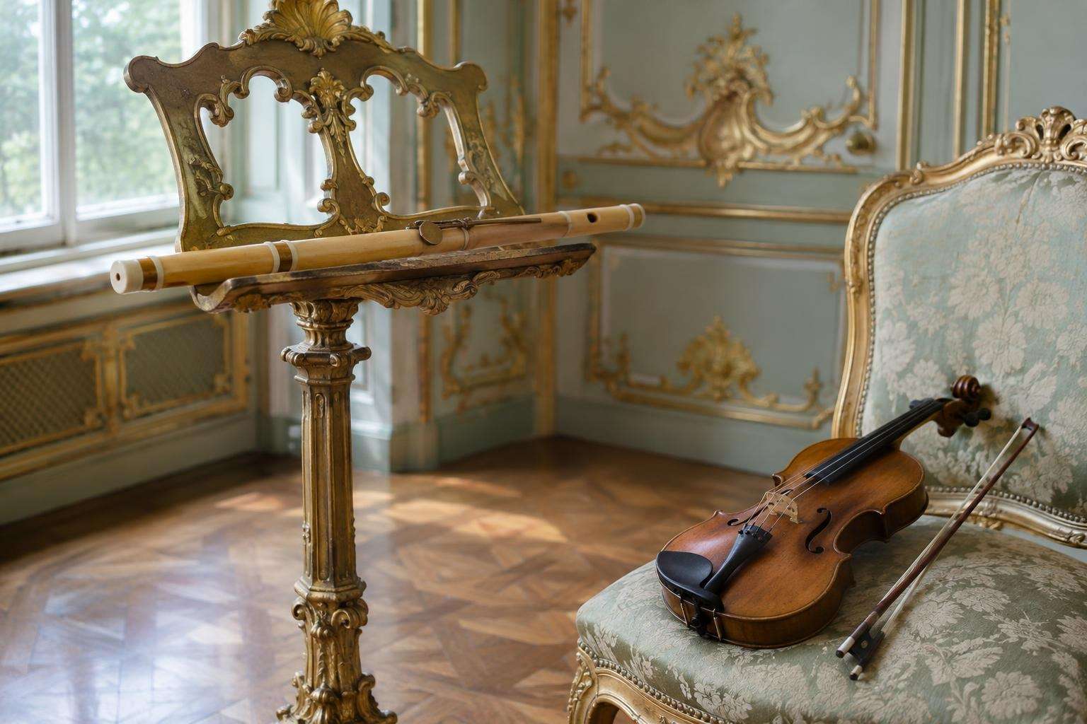 A wooden Baroque transverse flute resting on a gilded music stand beside a violin in a rococo palace room with pale green and gold panelling in Potsdam