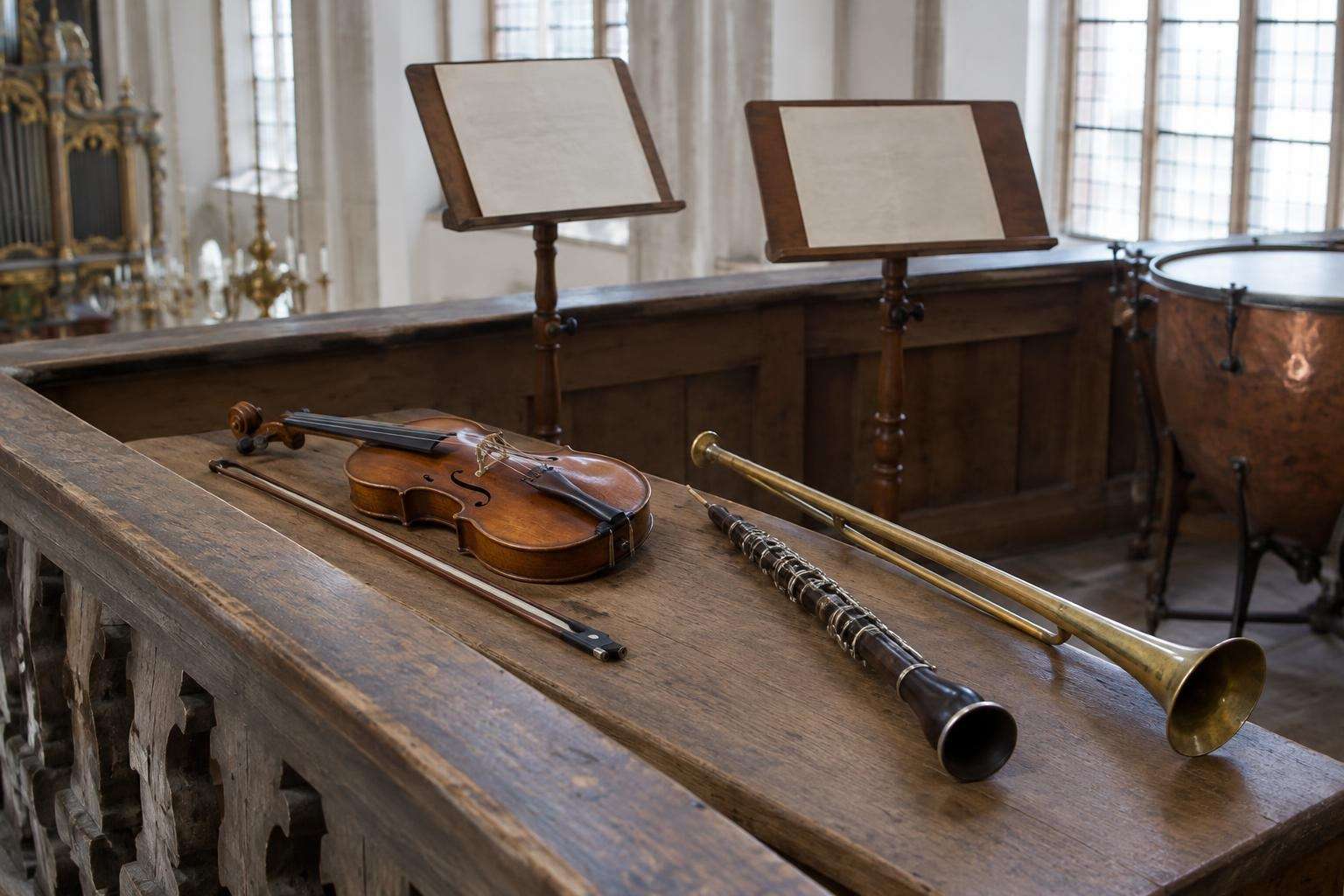 A Baroque violin, oboe and natural trumpet resting on a wooden bench beside music stands in a church gallery in Leipzig