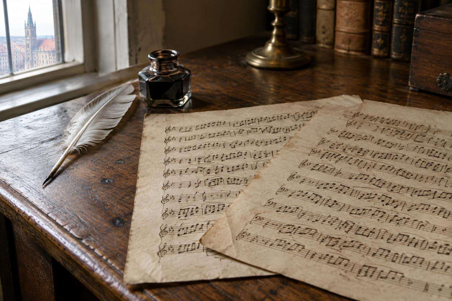 A handwritten Baroque music manuscript with an ink pot and quill on a wooden desk in a Leipzig study