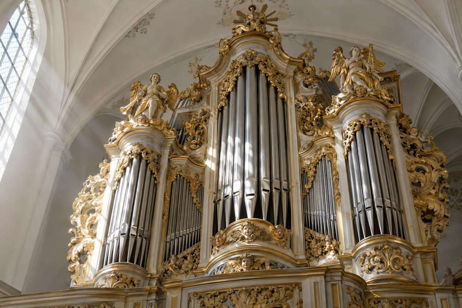 The carved and gilded façade of a Baroque church organ with tin pipes high in a gallery in Thuringia, Germany
