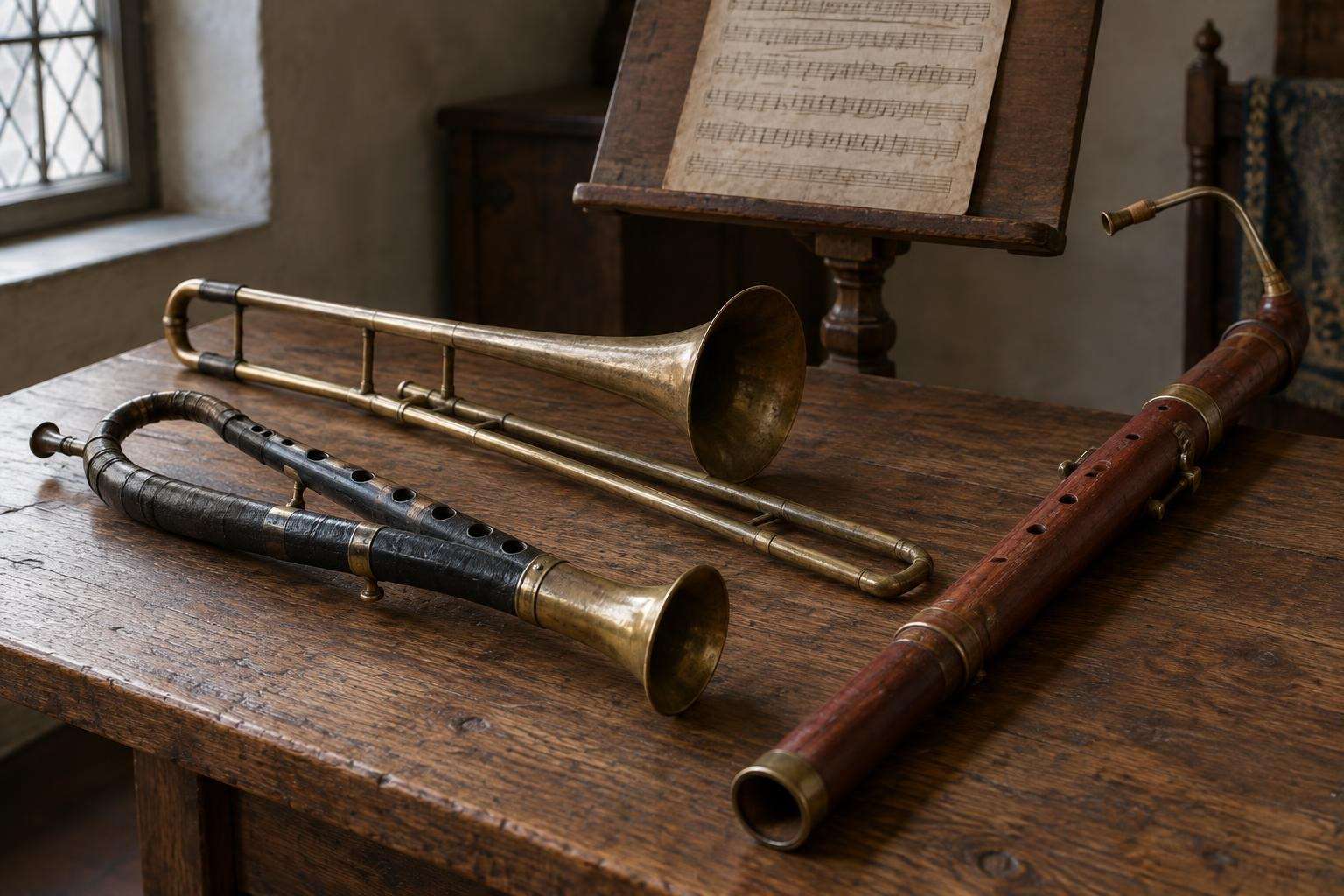 Early brass and wooden wind instruments, including a trombone and a dulcian, laid on a wooden table beside a music stand with handwritten music