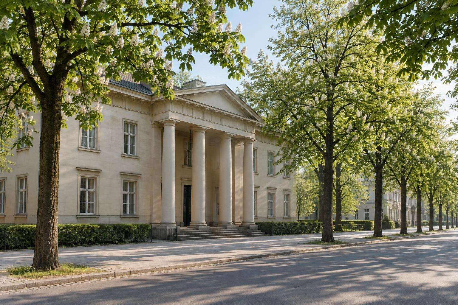 A neoclassical building with a columned portico among chestnut trees beside a boulevard in central Berlin, Germany