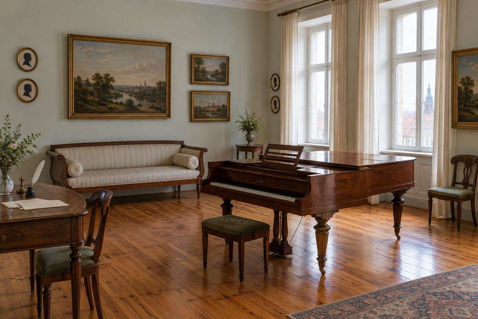 A restored Biedermeier-era apartment music room with a piano, writing desk and framed pictures in soft daylight in Leipzig, Germany