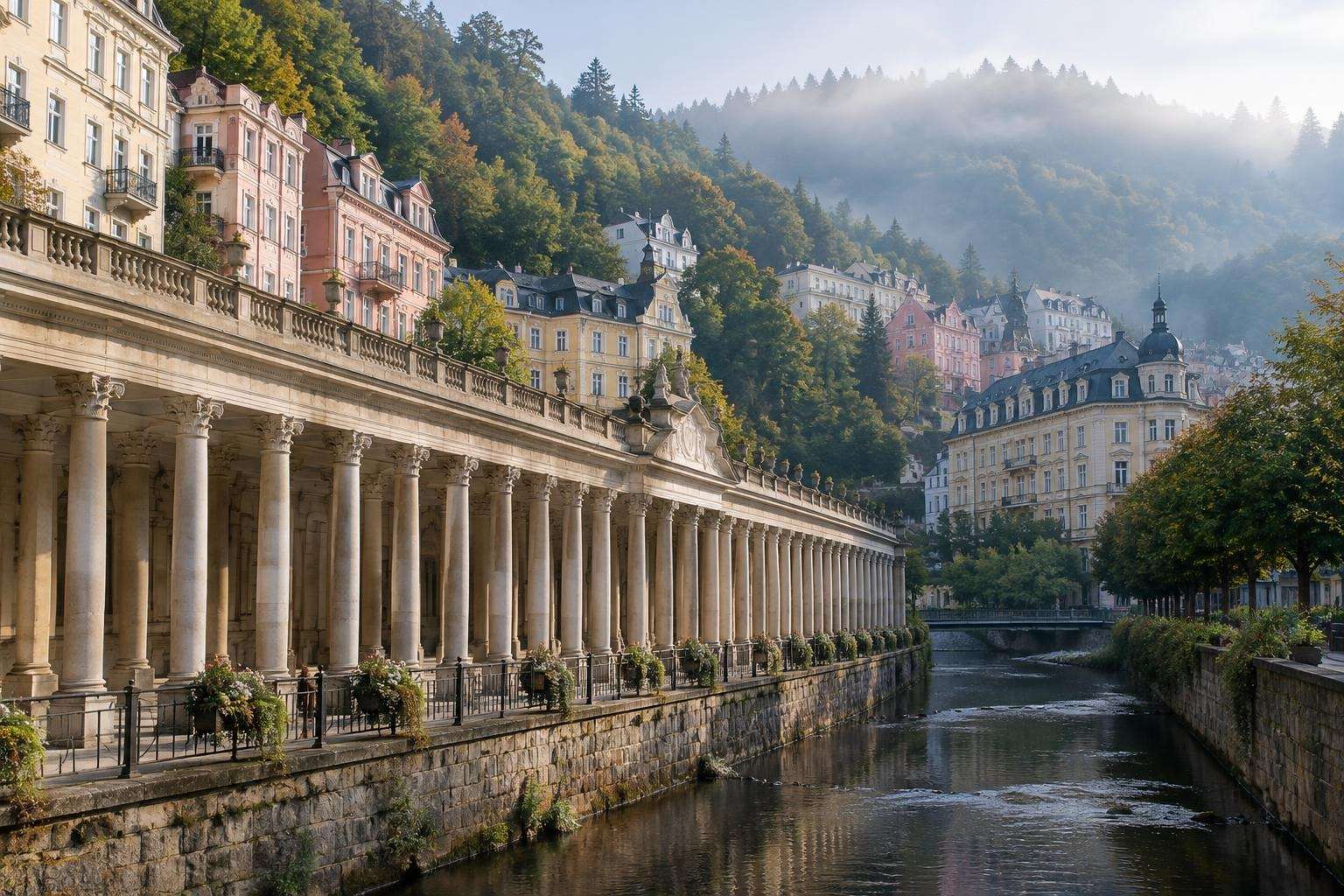 A classical colonnade with slender columns beside a river in a historic Bohemian spa town, with pastel townhouses on wooded hills behind