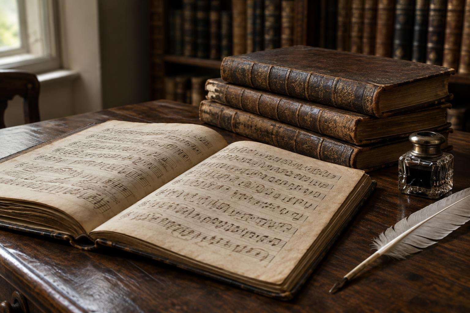 Bound eighteenth-century music manuscripts with handwritten staves stacked on a wooden library table beside a quill and an inkwell, in soft window light