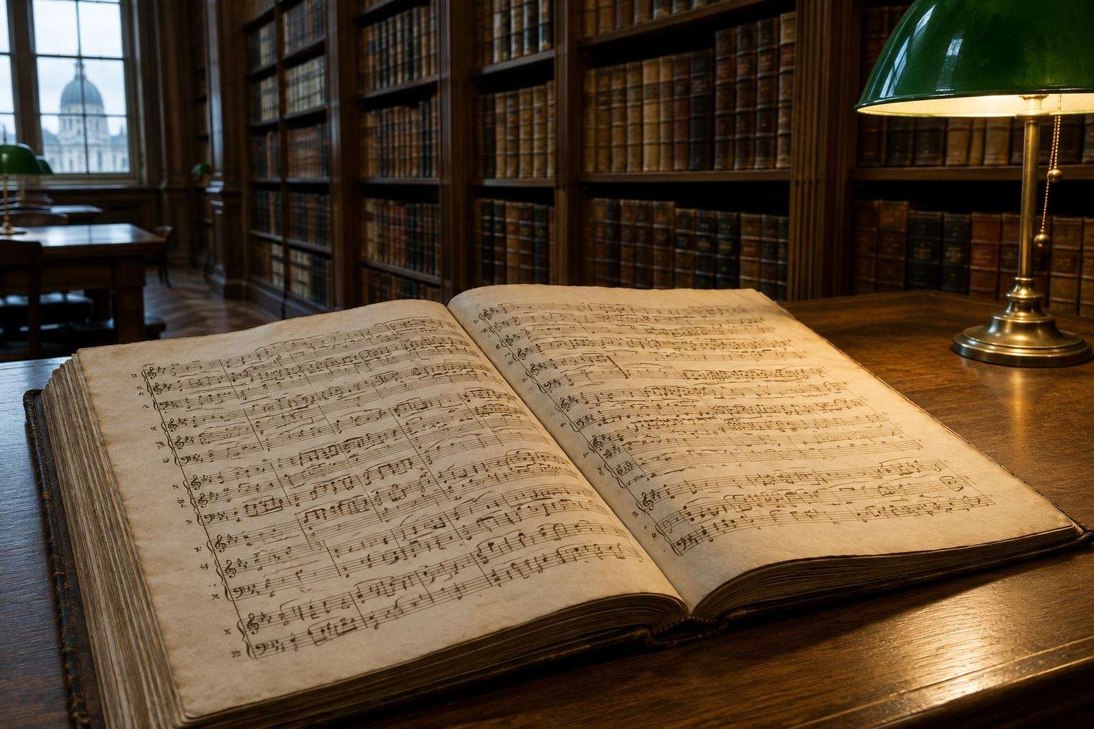 An open eighteenth-century bound music score on a library table in soft light, with leather-bound volumes on shelves behind, in Berlin