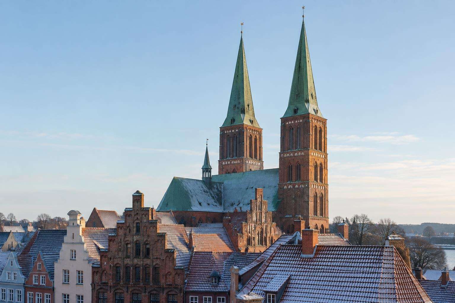 A tall brick Gothic church with twin spires rising above the gabled rooftops of a north German Hanseatic town in winter light