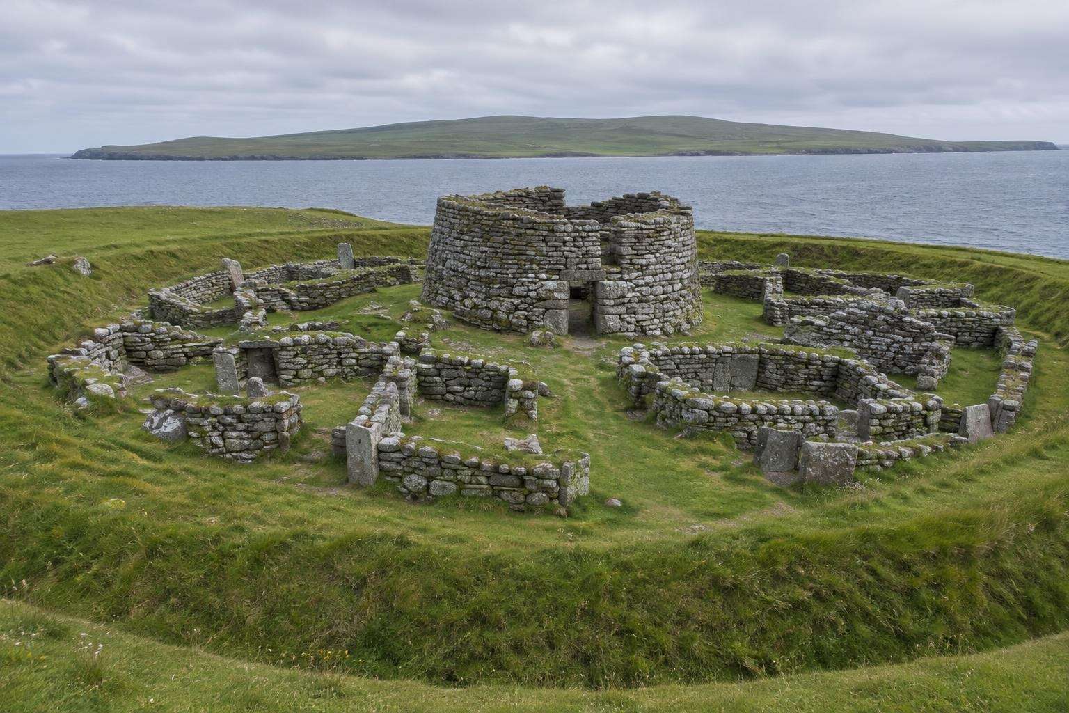 The Iron Age Broch of Gurness and its surrounding village above Eynhallow Sound, Orkney