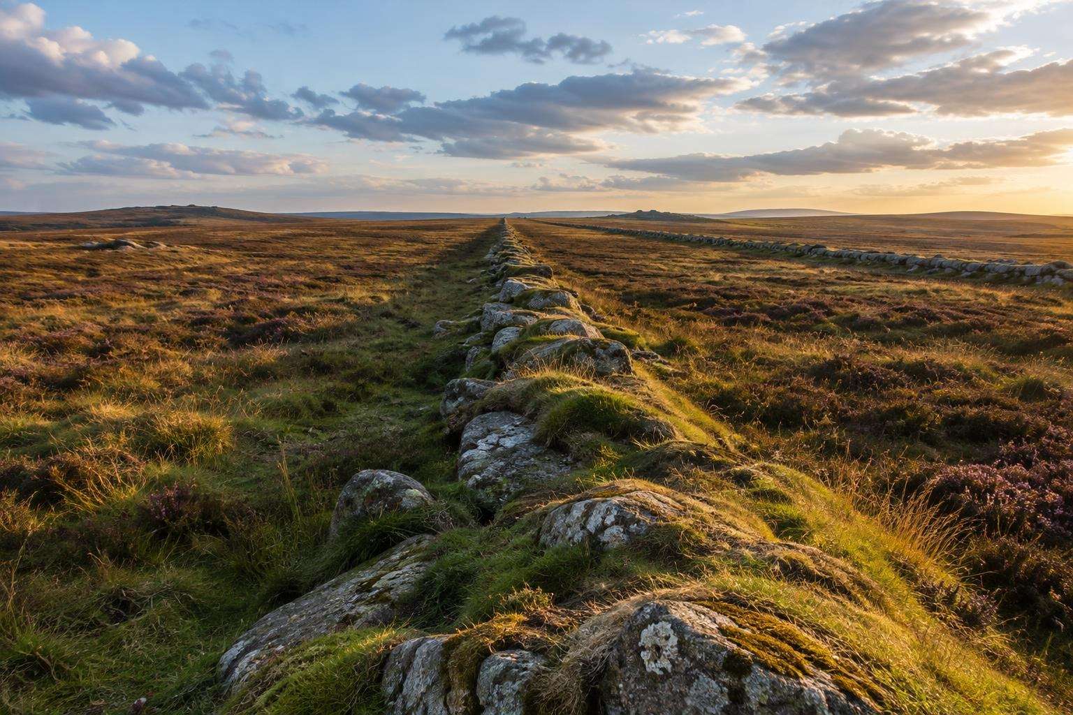 A straight, low bank of granite boulders running across open moorland on Dartmoor in low evening light.
