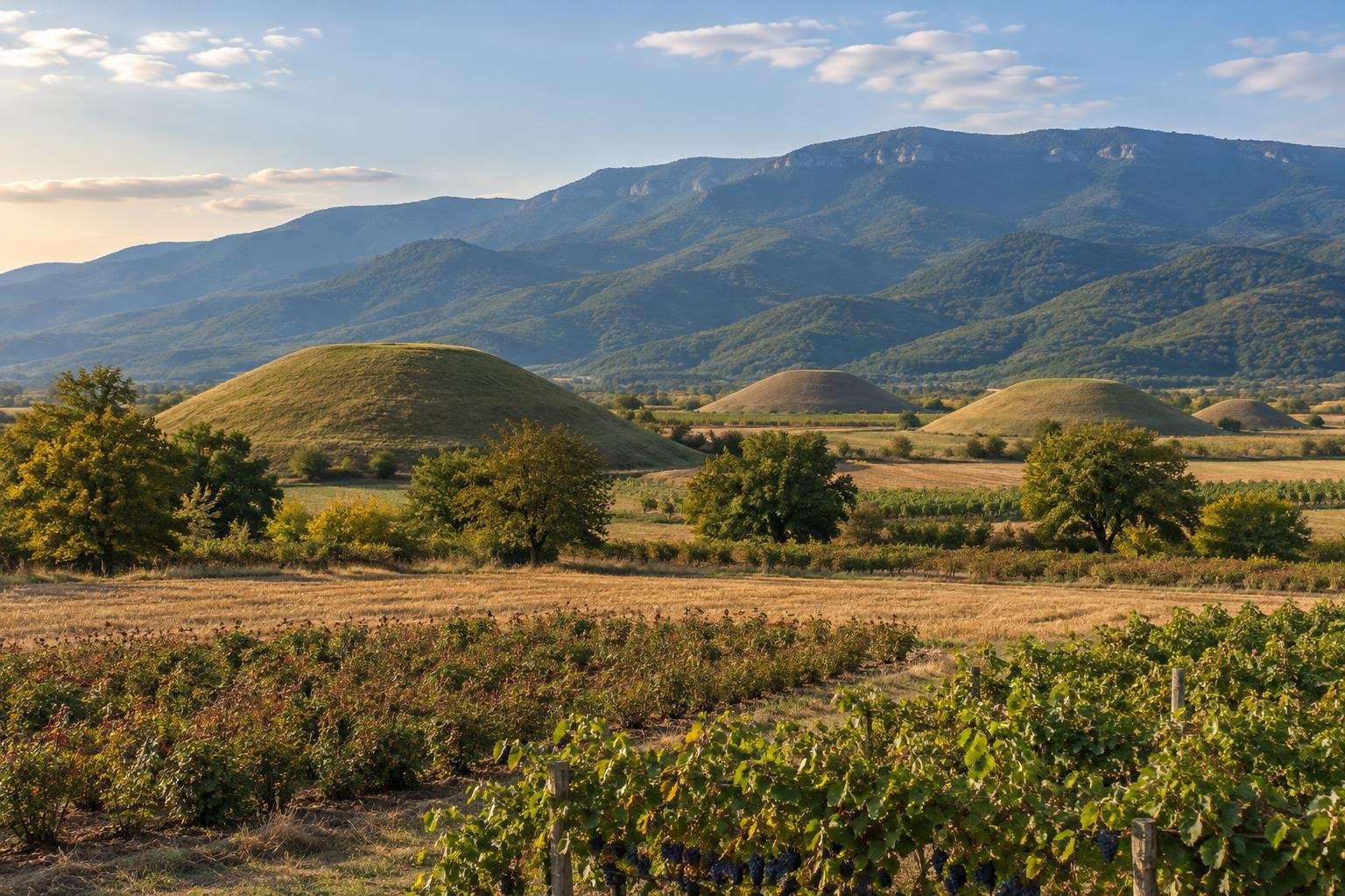 Valley of the Thracian Kings near Kazanlak, grassy burial mounds below the Balkan Mountains