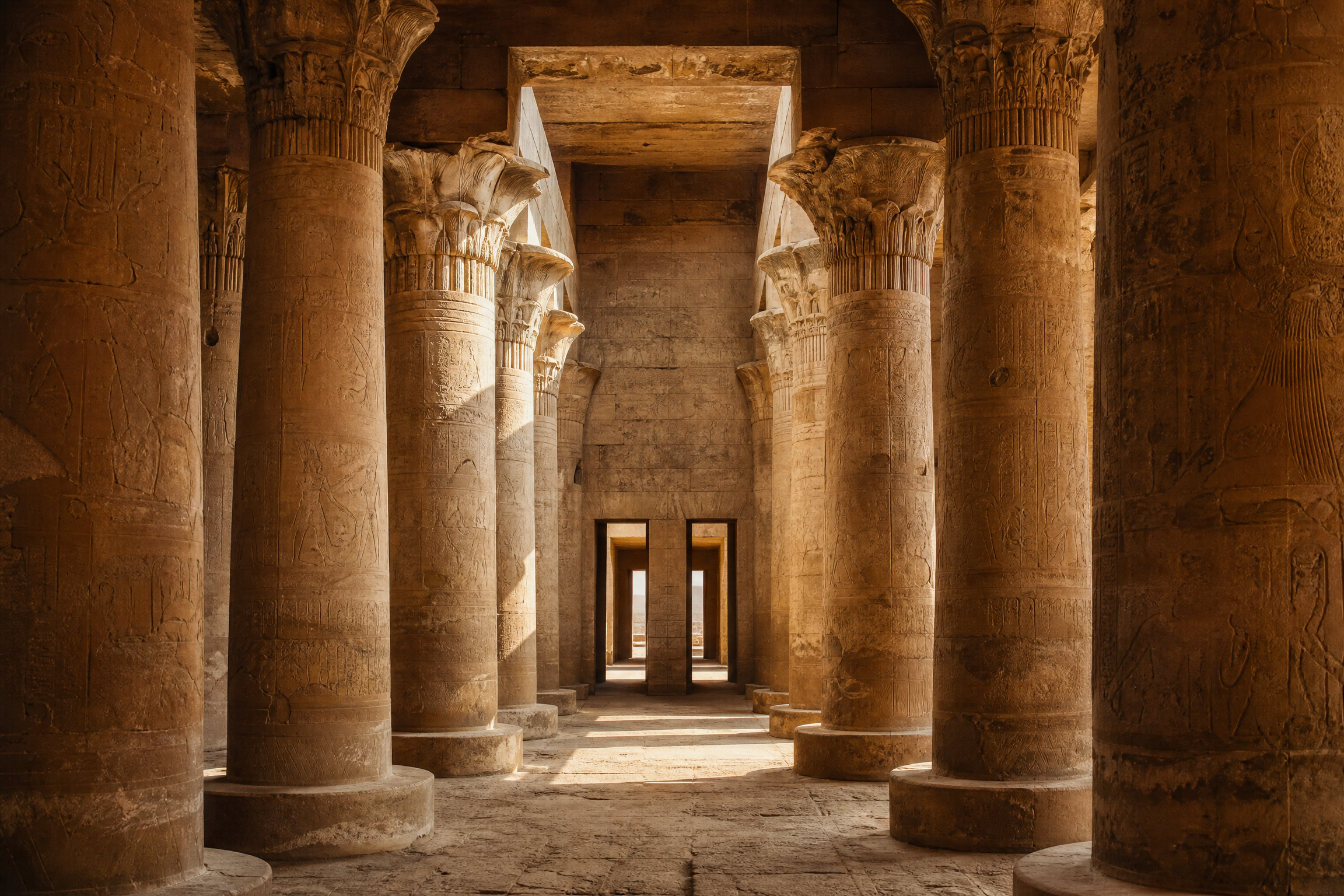 Twin colonnaded hypostyle halls of Kom Ombo Temple showing the mirrored double design
