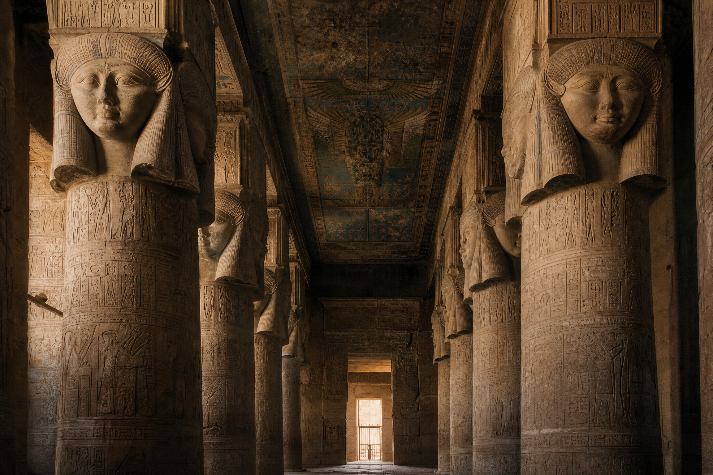 Interior hypostyle hall of Dendera Temple with rows of columns carved as the head of the goddess Hathor