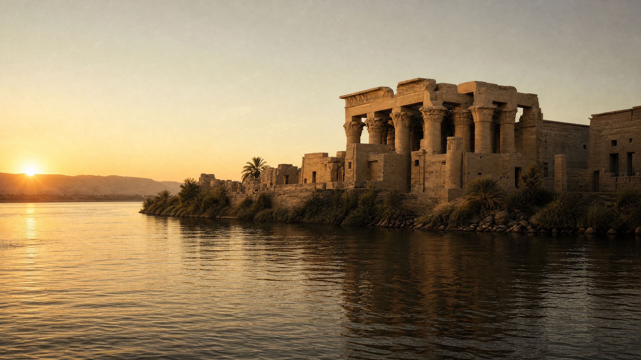 Sunrise view of Kom Ombo Temple rising above the Nile River in Egypt