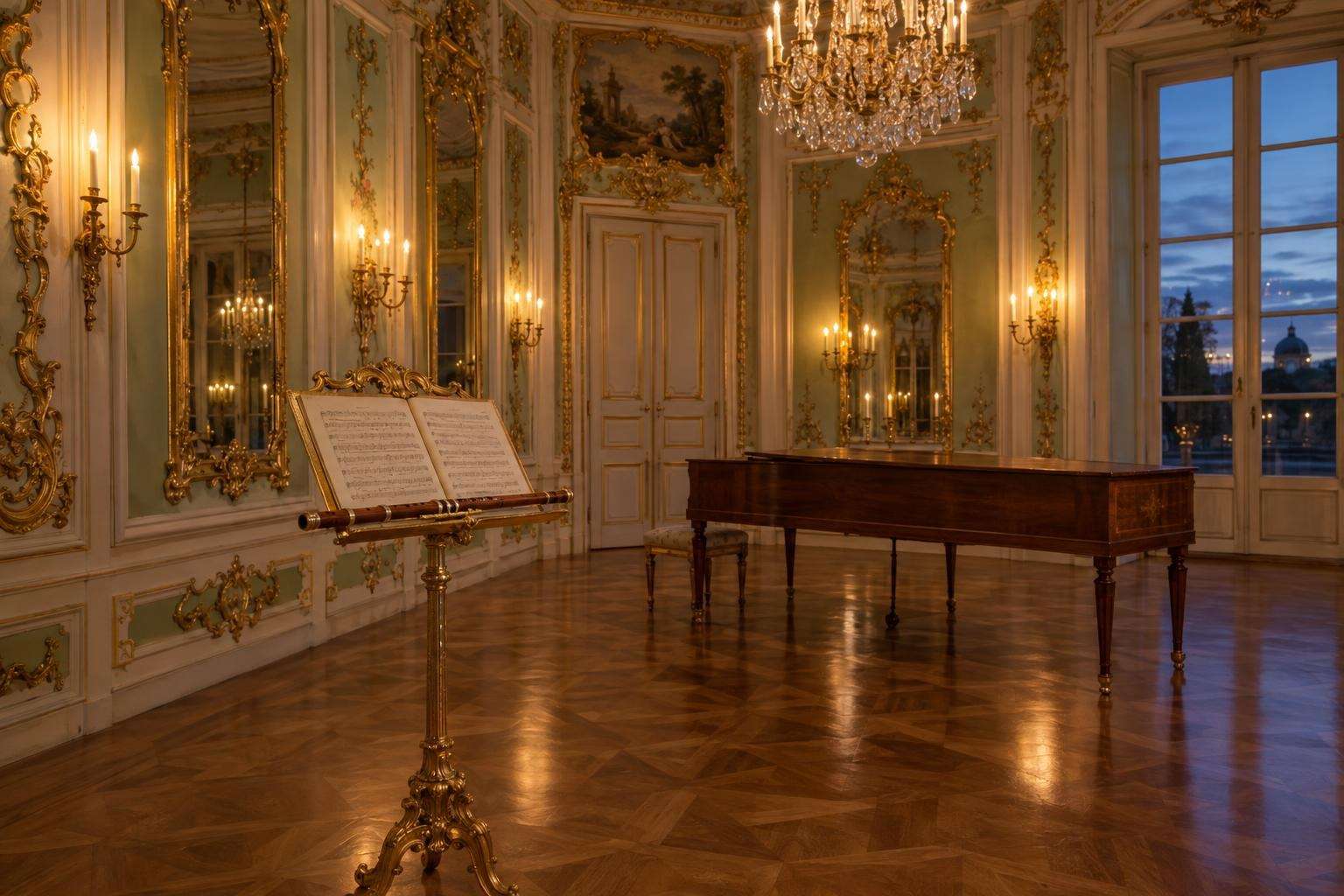 A candlelit rococo palace music room in Potsdam with gilded ornament, a flute on a music stand and an early fortepiano