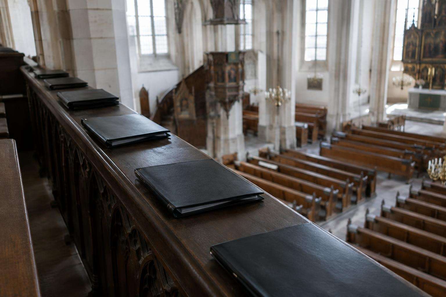 Choir music folders resting on the carved wooden rail of a church gallery overlooking the nave of a Lutheran church in Leipzig
