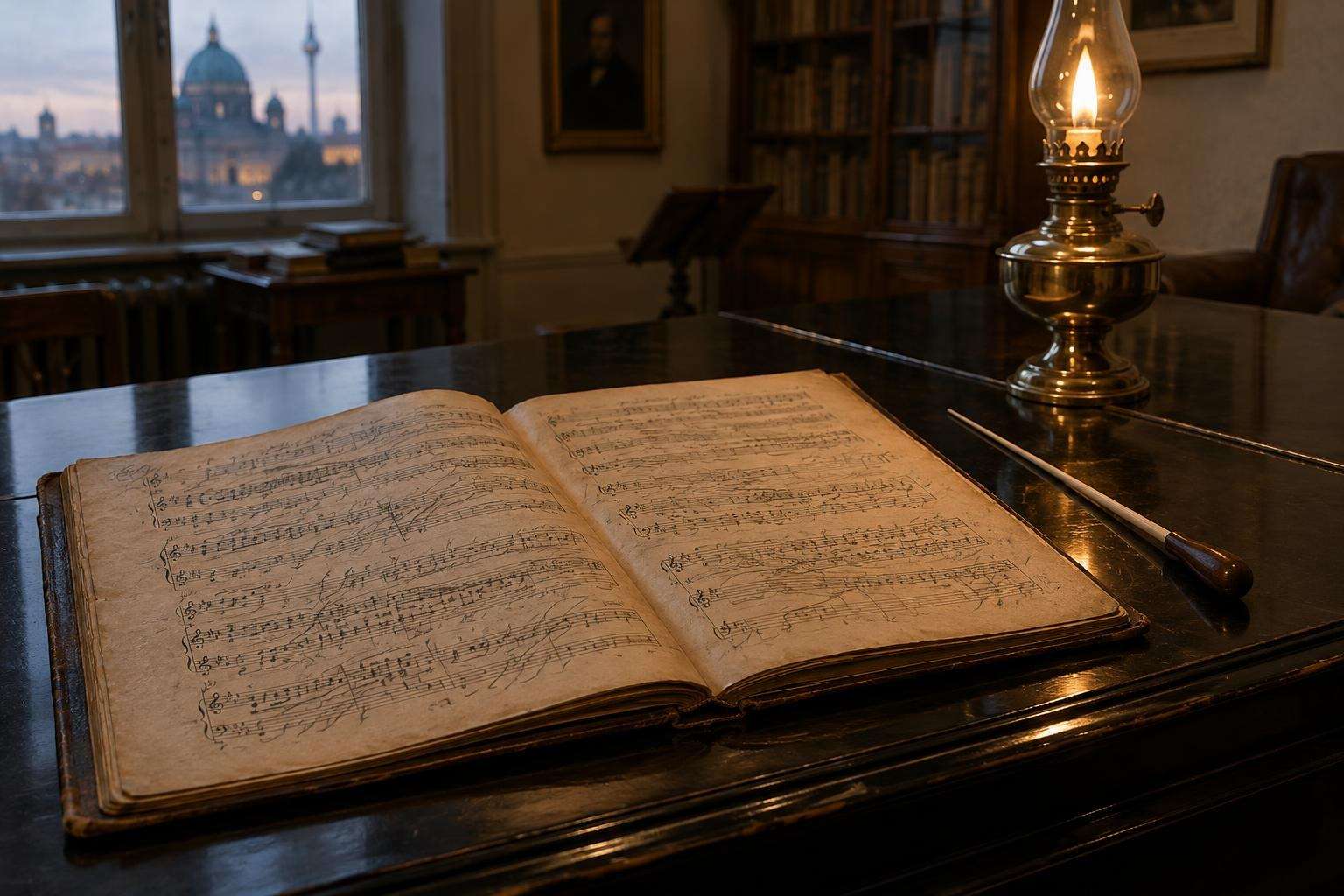 An open nineteenth-century bound choral score of a Passion with handwritten conductor's markings in pencil, lying on a grand piano in soft lamplight