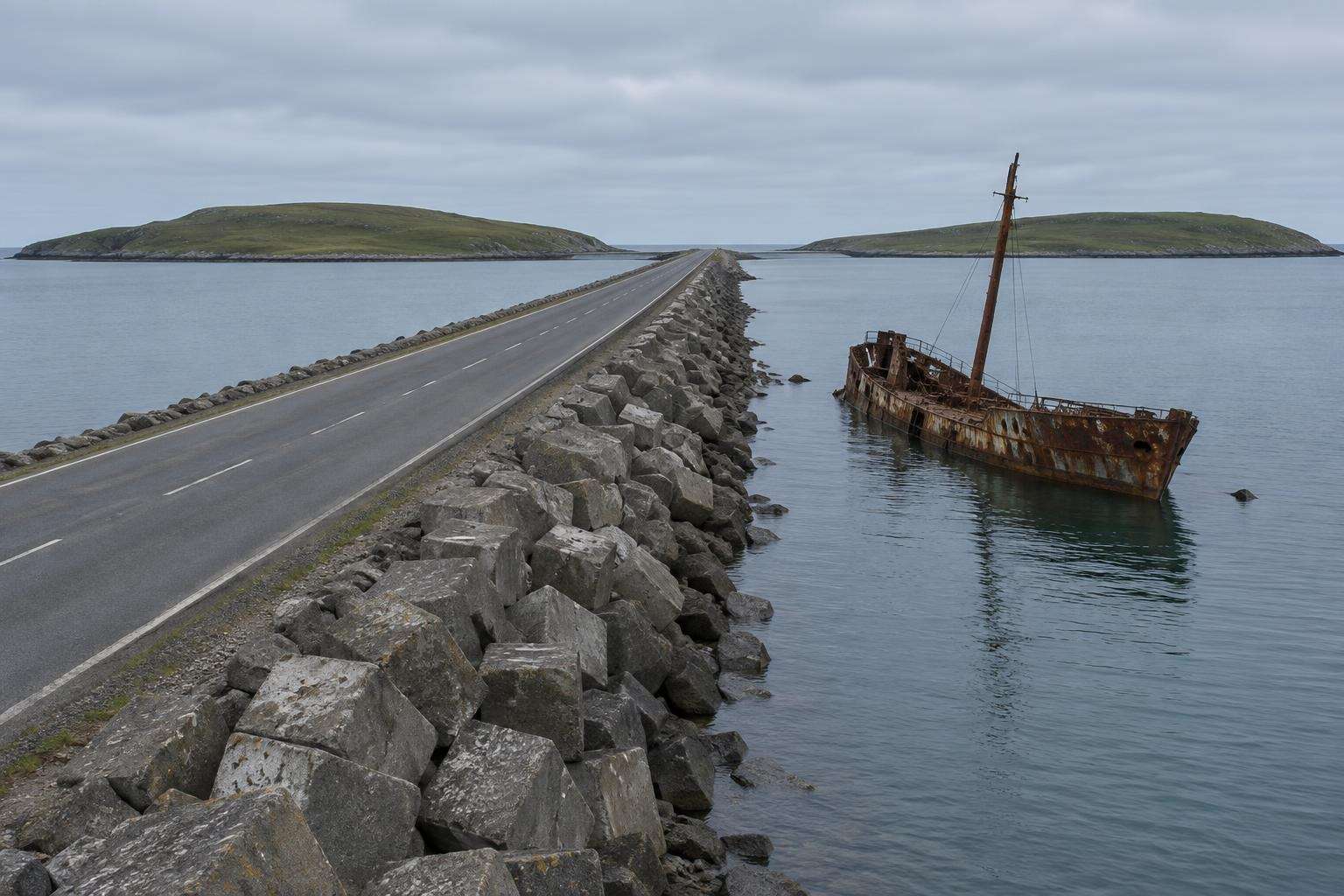 One of the Churchill Barriers in Orkney, with the wreck of a wartime blockship beside the causeway