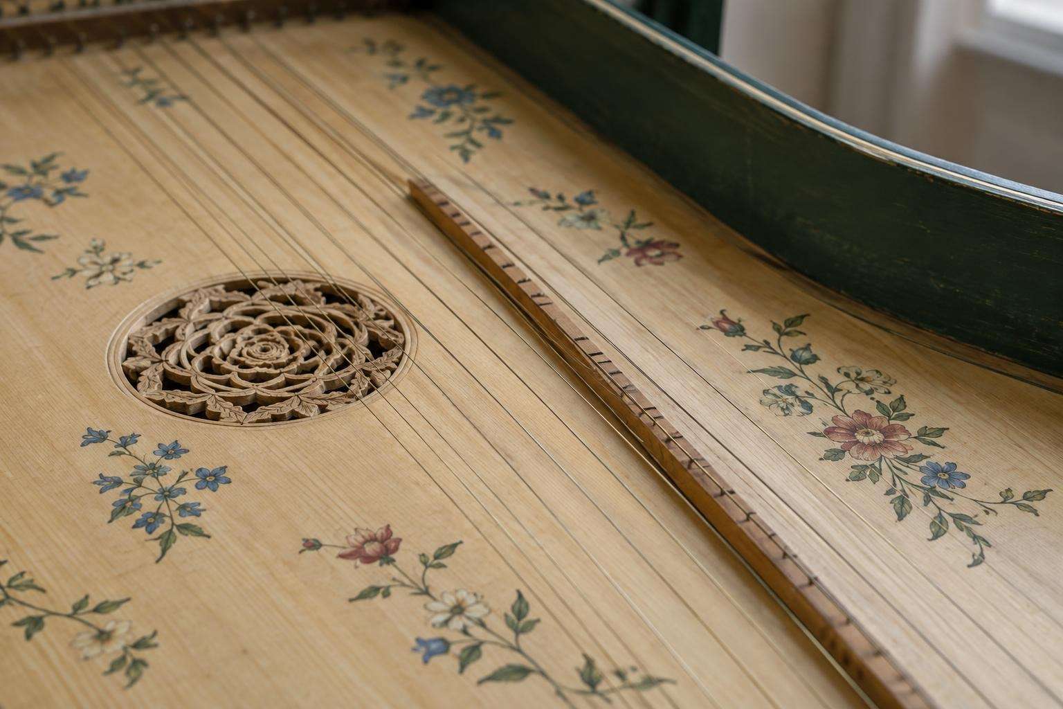The painted soundboard, rose and brass strings of an eighteenth-century clavichord in soft window light