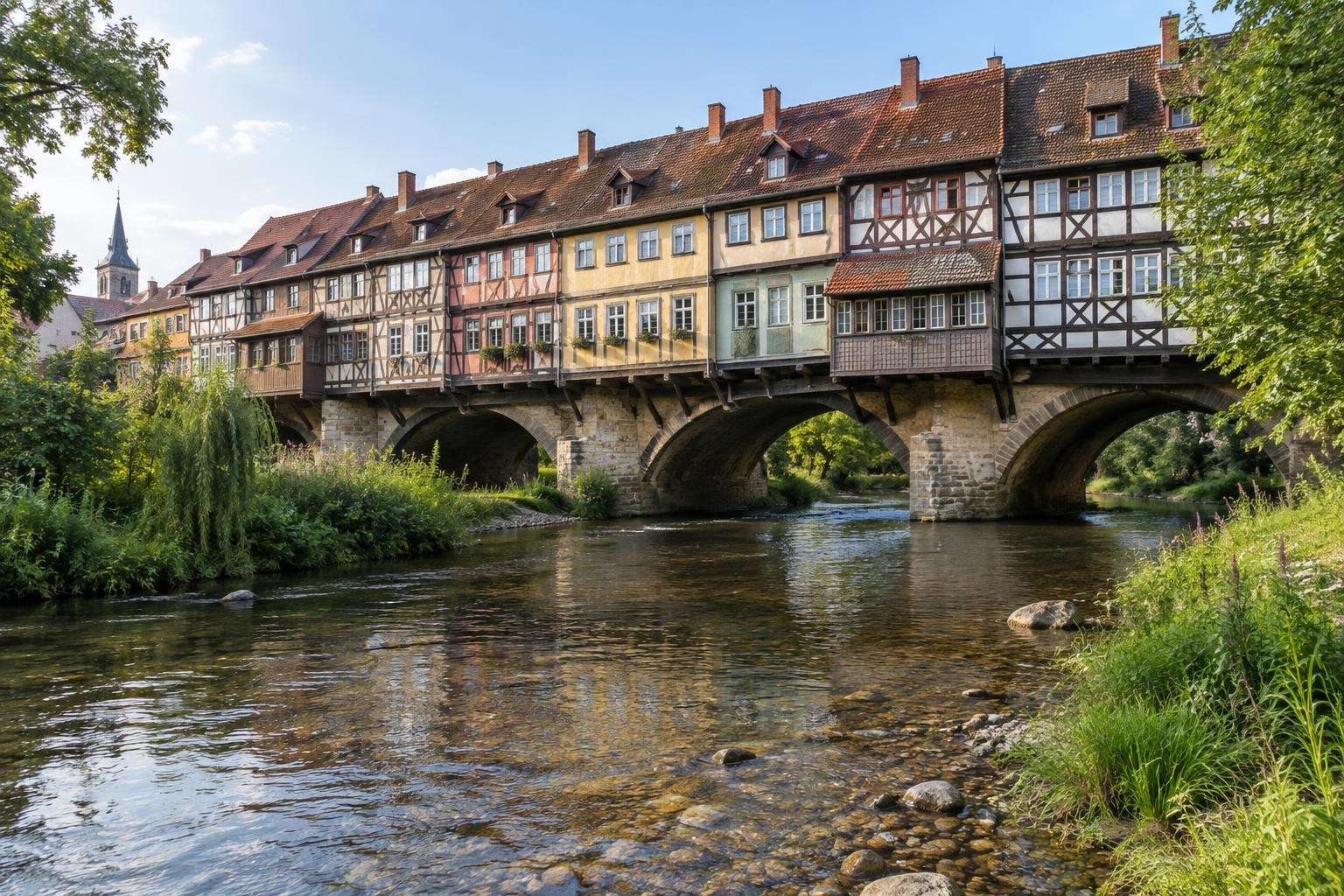 Krämerbrücke in Erfurt, half-timbered houses on the medieval merchants' bridge over the River Gera
