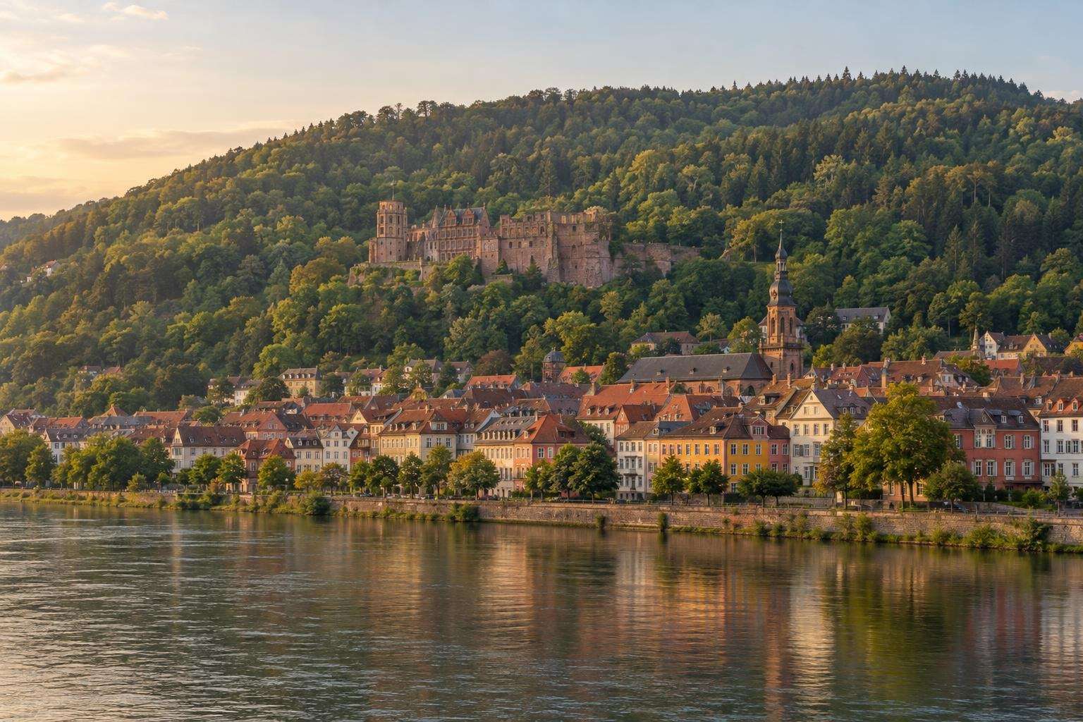 Heidelberg old town and red sandstone castle ruin above the Neckar River at golden hour