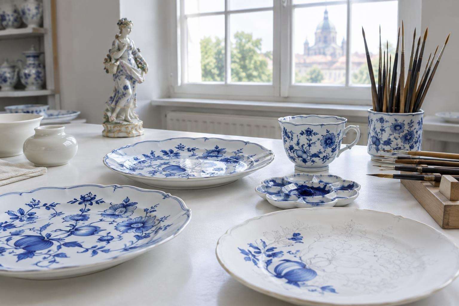 Meissen porcelain manufactory near Dresden, a painter's bench with cobalt blue onion-pattern plates