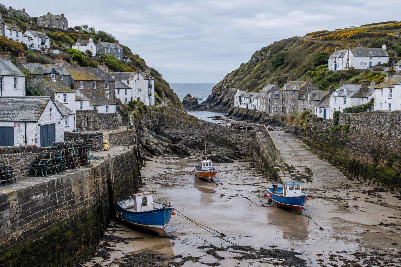 Fishing boats at low tide below whitewashed cottages in a harbour village on the north Cornish coast.