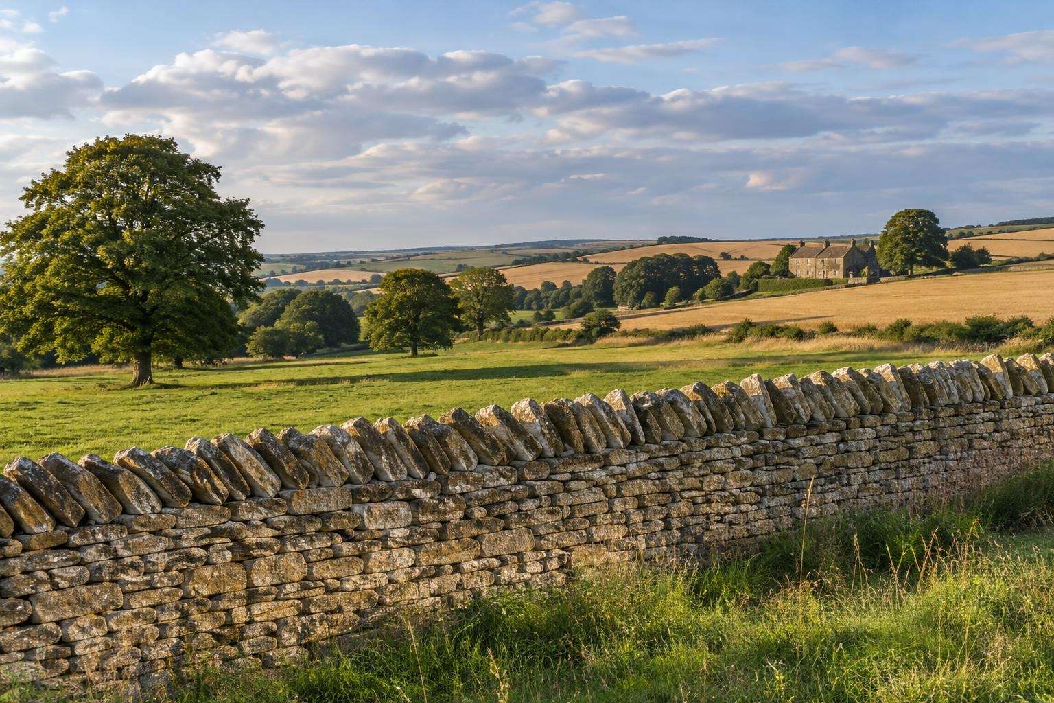 A limestone dry-stone wall with a coping of upright stones running across farmland on the Cotswold wolds.