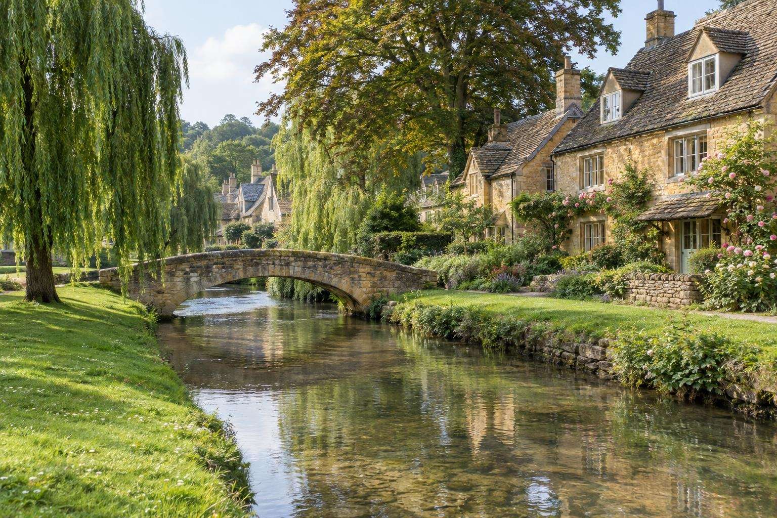 A low stone footbridge over a shallow river among golden limestone cottages in a Cotswold village, Gloucestershire.