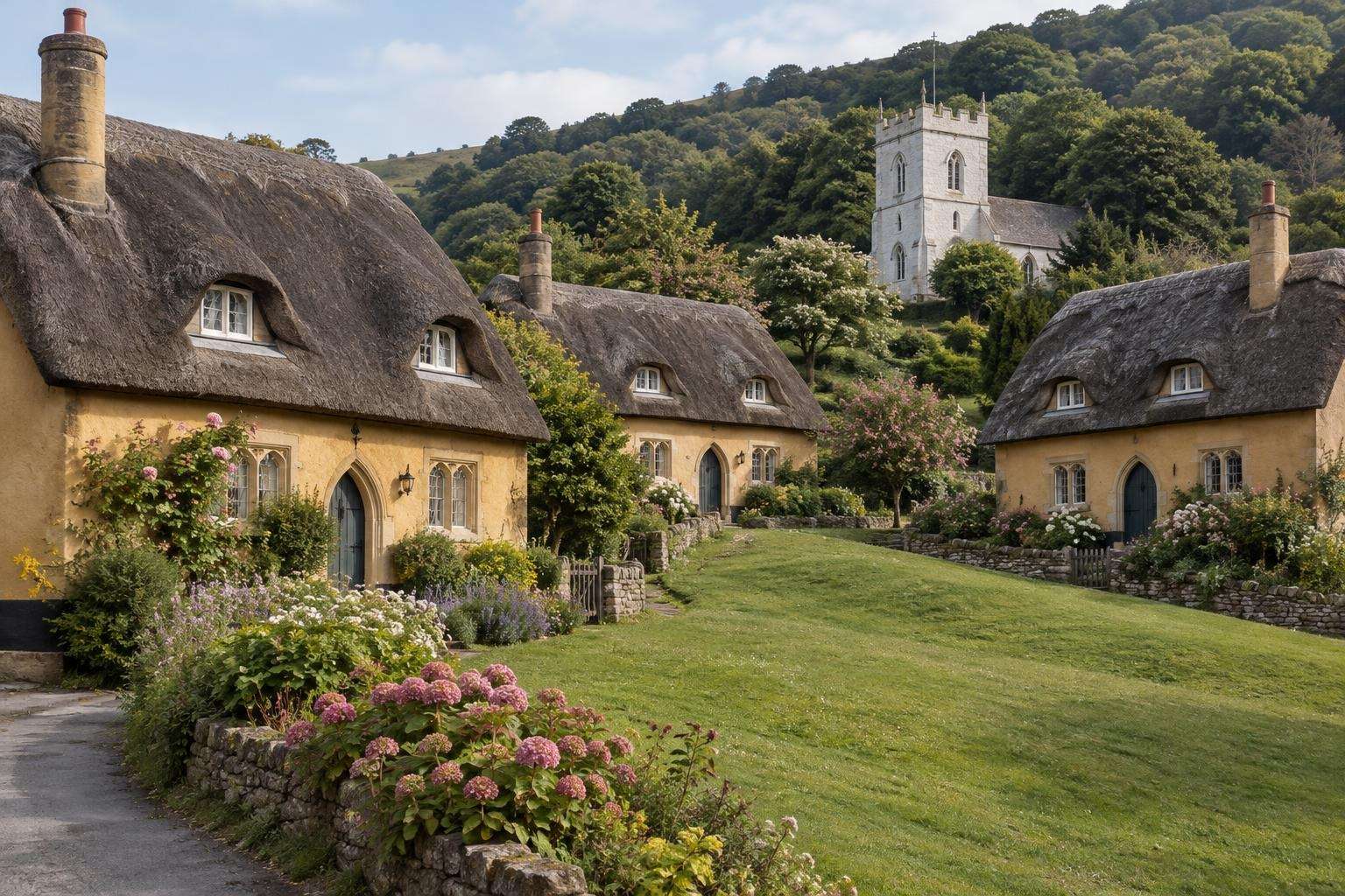 Yellow-limewashed, thatched cottage-orné estate cottages with Gothic doors around a green on the edge of Exmoor, Somerset.