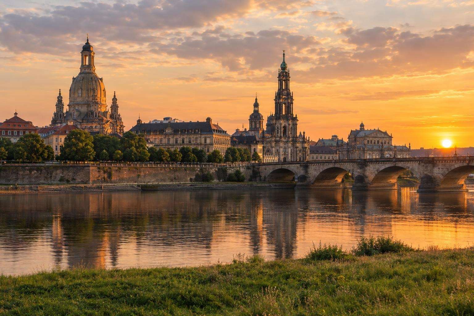 The Baroque old town of Dresden with its great church dome and court church tower, seen across the River Elbe at sunset