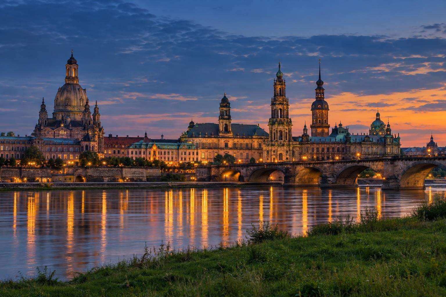 The Baroque skyline of Dresden on the River Elbe at dusk, with a great stone church dome and palace towers reflected in the water