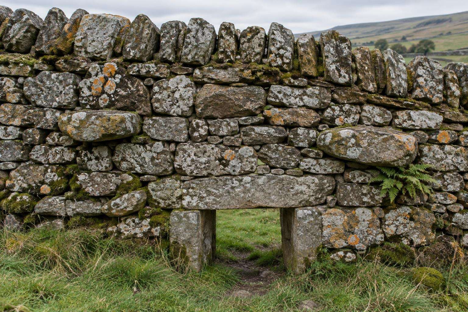 A Yorkshire Dales dry-stone wall with projecting throughstones, upright coping stones and a small sheep creep at its base.
