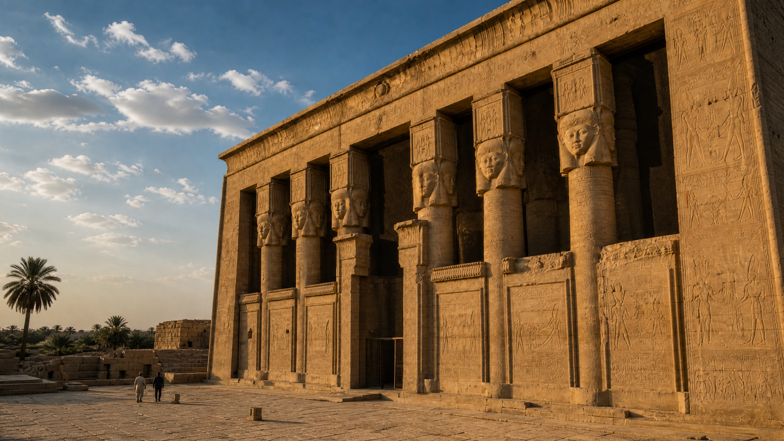 Facade of the Temple of Hathor at Dendera, Egypt, showing the row of Hathor-headed columns